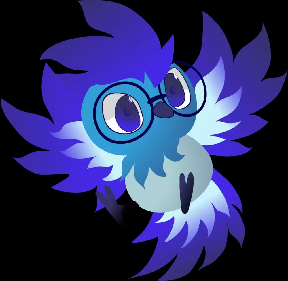 Stylized cartoon owl with large, expressive eyes wearing round glasses on a black background