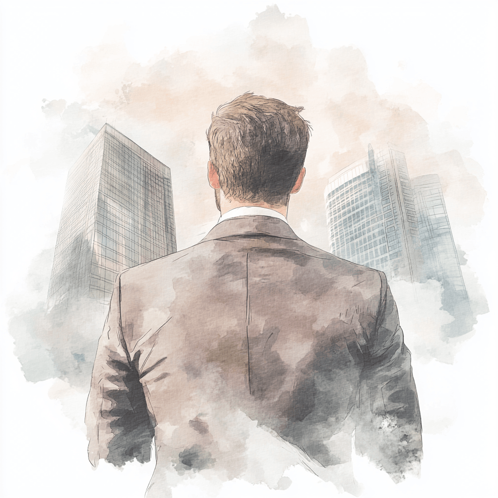 A man in a suit stands with his back turned, facing a misty city skyline filled with tall modern buildings, evoking themes of contemplation and ambition in a watercolor effect.