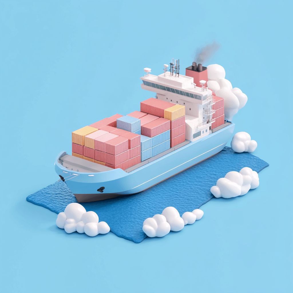 3D illustration of a blue cargo ship loaded with colorful shipping containers against a light blue background, surrounded by fluffy clouds and emitting smoke from smokestacks.