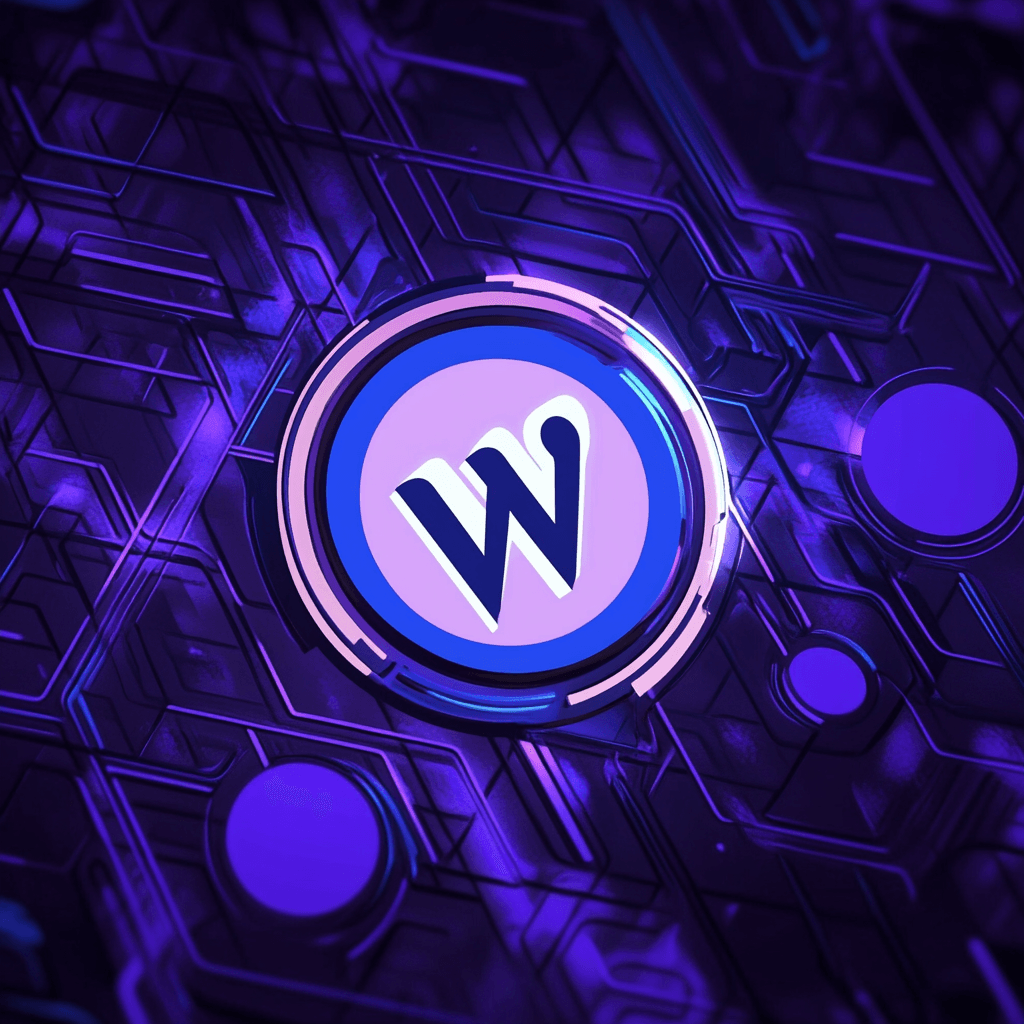Purple and blue themed graphic with stylized 'W' logo surrounded by circular light effects on textured background