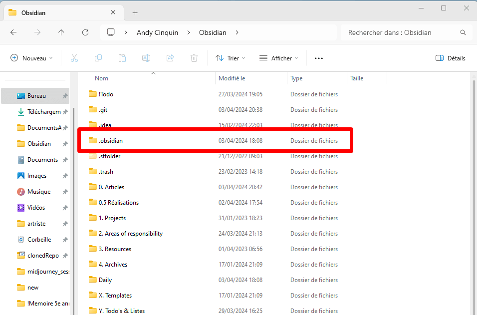 Computer file explorer window displaying a list of folders with .obsidian folder highlighted, along with menu options and other folders