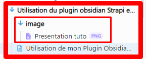 Computer interface displaying a dropdown menu labeled 'Utilisation du plugin obsidian Strapi', with an expanded item showing an image file named 'Presentation tuto' in PNG format.