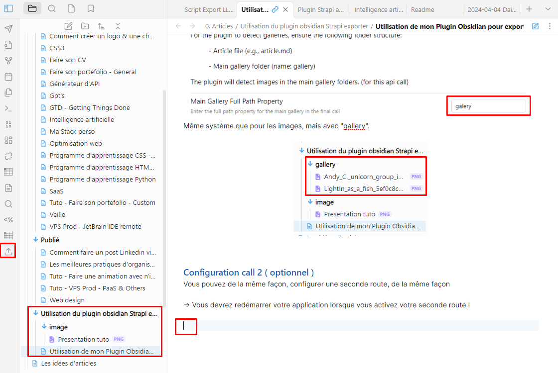 Computer screen displaying a note-taking application with a folder tree on the left and a text document in French on the right. Red boxes highlight 'gallery' field and corresponding folder in the interface.