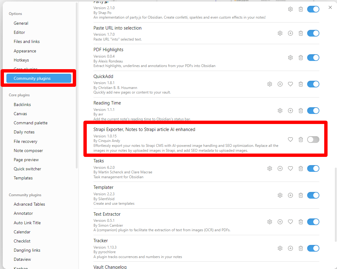Screenshot of Obsidian note-taking software with highlight on 'Strapi Exporter, Notes to Strapi article AI enhanced' plugin in the Community plugins section