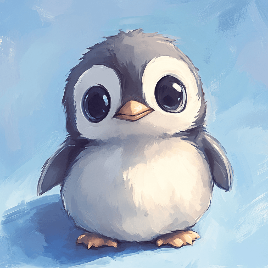 Cute cartoon-style baby penguin with fluffy white and gray feathers, large expressive eyes, and a playful appearance against a soft blue backdrop.