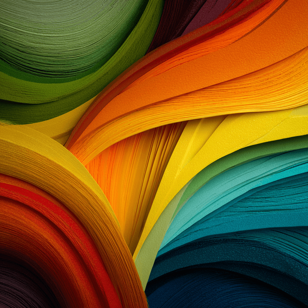 An abstract art piece featuring swirling layers of colorful papers or ribbons in vibrant hues including green, orange, yellow, red, and shades of blue. The dynamic flow and overlapping curves create a visually striking display of color and texture.