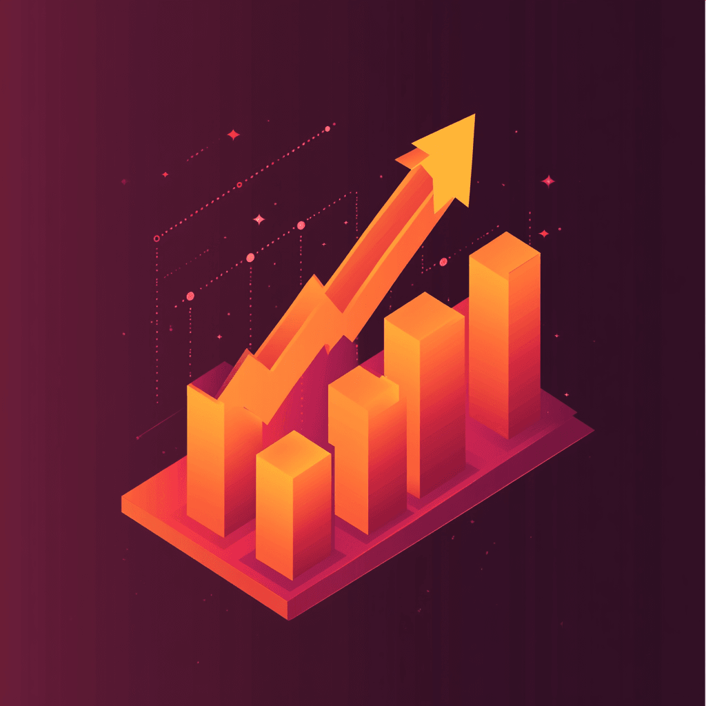 An isometric view of a rising bar graph with five vertical orange bars of varying heights on a dark gradient background, featuring an upward-facing arrow. The design includes subtle geometric shapes, symbolizing digital analytics and business growth.
